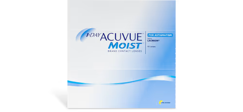 Image of a contact lens box. The package is white with blue accents and reads "1-DAY ACUVUE® MOIST® for Astigmatism." Featuring Blink Stabilized technology, the logo of Johnson & Johnson is in the bottom right corner.