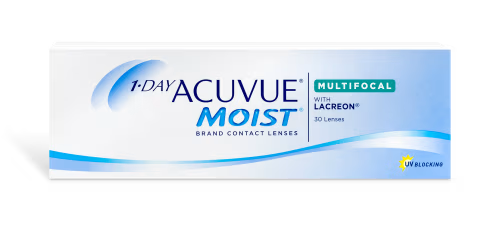 Image of a box of 1-DAY ACUVUE® MOIST® Multifocal contact lenses for presbyopia by Johnson & Johnson. The packaging is primarily white with blue accents and text, featuring the product name and 30 lenses per box. It mentions the lenses use "Lacreon" technology and provide UV blocking.