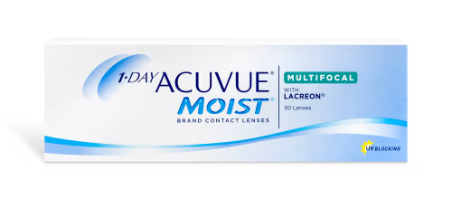 A box of 1-DAY ACUVUE® MOIST® Multifocal brand contact lenses with LACREON for presbyopia from Johnson & Johnson. The packaging is predominantly white with blue accents and text, indicating it contains 30 lenses and features UV blocking.