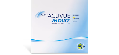 Packaging of 1-DAY ACUVUE® MOIST® Multifocal contact lenses for presbyopia. The box features a blue and white design with the product name in prominent blue text, endorsed by Johnson & Johnson. The lower right corner displays an icon indicating partnership for sustainable recycling.