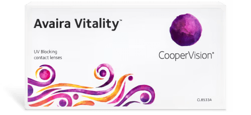A close-up of the Coopervision Avaira Vitality logo, emphasizing its advanced silicone hydrogel material.
