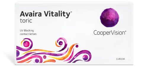 A close-up of the Avaira Vitality Toric 6pk logo by Coopervision.