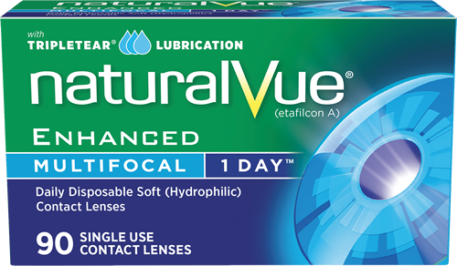 A box of NaturalVue Enhanced Multifocal 1 Day daily disposable contact lenses from Vti Vision, designed with cutting-edge Neurofocus Optics technology.
