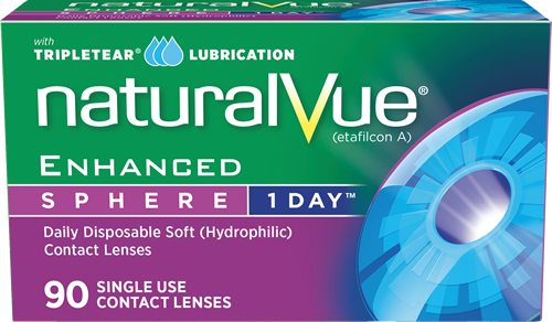 The image shows a box of Vti Vision NaturalVue® Sphere 1 Day 90 Pack Contact Lenses with the TripleTear lubrication system. This brand features 90 daily disposable soft (hydrophilic) contact lenses made from etafilcon A.