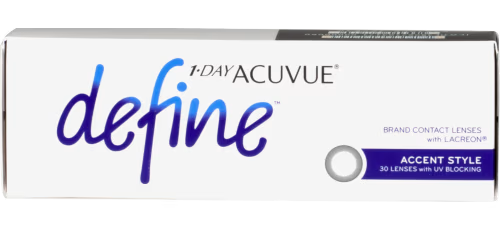 A white box with "1-DAY ACUVUE® DEFINE™" written in blue and black text. The box also indicates "ACCENT STYLE" with 30 beauty-enhancing contact lenses per box and mentions UV blocking. The product claims to have LACREON technology from Johnson & Johnson.