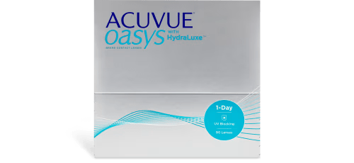 A box of ACUVUE® OASYS® 1-Day with HydraLuxe 1-Day 90pk contact lenses from Johnson & Johnson. The packaging is silver with blue waves and text, highlighting features such as "UV Blocking" and containing "90 lenses" for all-day comfort.