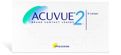 A box of ACUVUE® 2 6 Pack contact lenses by Johnson & Johnson, containing six lenses. The packaging is white with blue and green curved accents, featuring the Acuvue logo prominently, along with a "UV Blocking" symbol at the bottom for superior UV protection.