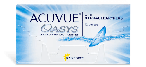Image of a box of ACUVUE® OASYS® with HYDRACLEAR® PLUS contact lenses by Johnson & Johnson. The box indicates it contains 12 lenses with HYDRACLEAR® PLUS technology and offers UV protection. The packaging is predominantly white with blue accents and features an image of a contact lens.