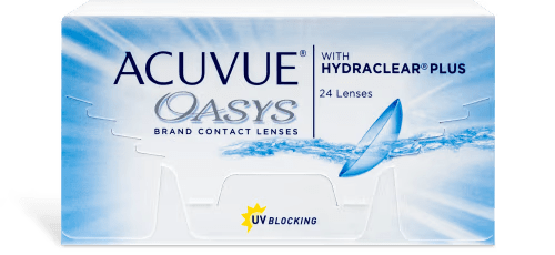 A box of ACUVUE® OASYS® with HYDRACLEAR® PLUS contact lenses from Johnson & Johnson. The box contains 24 lenses and features UV protection. The packaging is white with blue text and graphics, including an image of a contact lens and water splash.