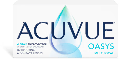 Image of an ACUVUE® OASYS® Multifocal 6pk box by Johnson & Johnson. The box is primarily white with a light blue and green water droplet design. Text includes "2 Week Replacement," "UV Blocking," and "6 Contact Lenses." The Acuvue logo is prominently displayed, offering clear vision and UV protection.