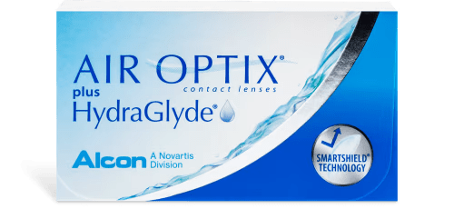 A box with the Alcon AIR OPTIX® plus HydraGlyde® logo promises month-long comfort for contact lenses.
