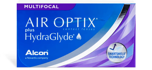 A blue and white box with white text promises all-day comfort, housing Alcon AIR OPTIX® plus HydraGlyde® Multifocal contact lenses.
