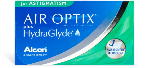 A blue and green box with silver text, showcasing the Alcon AIR OPTIX® plus HydraGlyde® for Astigmatism monthly contact lenses.