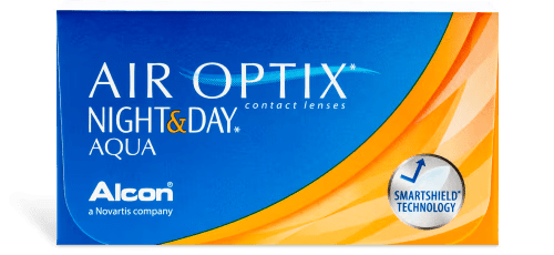 A blue and orange box containing Alcon AIR OPTIX® NIGHT & DAY® AQUA contact lenses for extended wear.
