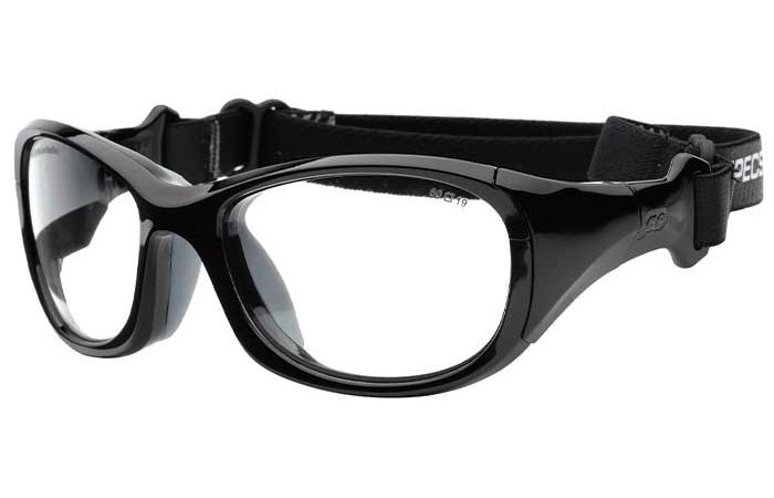 The RecSpecs - All Pro Goggle XL by RecSpecs are black protective sports goggles with clear lenses and an adjustable elastic strap. The goggles feature a robust frame designed for durability and ASTM F803 impact resistance, making them ideal for physical activities. For added convenience, they can accommodate prescription lenses, ensuring clear vision.