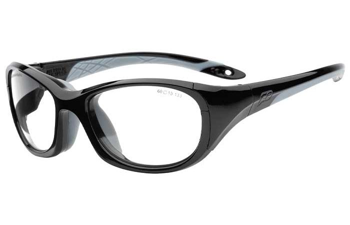 A pair of black, full-rim eyeglasses with a sleek, modern design. The glossy frame is smoothly contoured, featuring wide temples and a subtle brand logo near the hinges. These RecSpecs - All Pro XL goggles meet impact resistance standards and are equipped with clear, prescription-ready lenses.