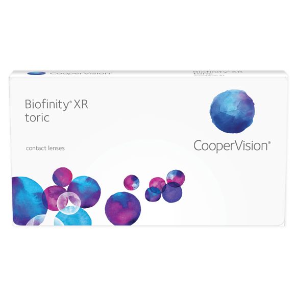 A box of Coopervision Biofinity XR Toric 6pk lenses designed for extreme prescriptions and continuous wear.