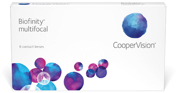 A box with colorful circles on it, featuring Coopervision's Biofinity Multifocal 6 pack for presbyopia.