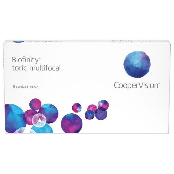 A box of Coopervision Biofinity Toric MultiFocal 6pk contact lenses.