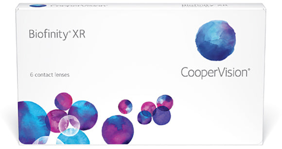 A box with colorful circles offers a glimpse of the Biofinity XR 6pk lenses from Coopervision, designed for lasting comfort and ideal for those with extreme nearsightedness.