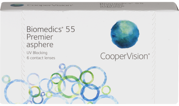 A box with a logo and text, featuring Coopervision Biomedics 55 Premier 6pk contact lenses that offer clear vision and lasting comfort.