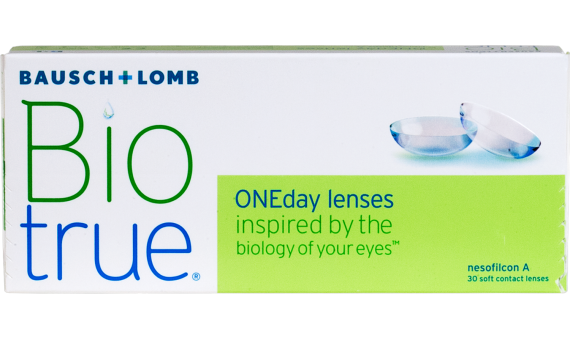 A box of Bausch & Lomb Biotrue ONEday contact lenses. The packaging features the product name in blue and green text, with an image of two contact lenses on the right side. Text on the box says, "inspired by the biology of your eyes." These high-definition optics contain 30 soft contact lenses.