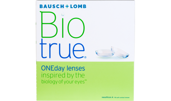 A Bausch & Lomb Biotrue ONEday contact lens box with a green and white design. "ONEday lenses inspired by the biology of your eyes" is written on the front. Two contact lenses, featuring high-definition optics, are depicted on the right side of the box.