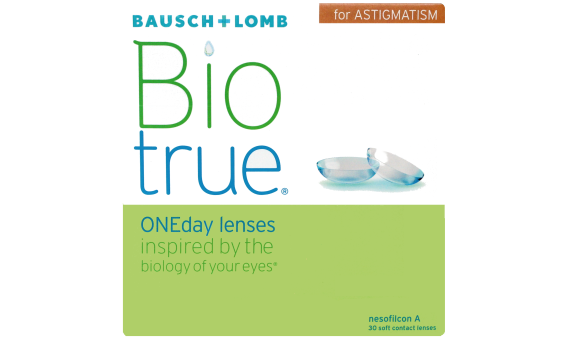 A box with Biotrue ONEday for Astigmatism contact lenses by Bausch & Lomb featuring UVA/UVB protection.