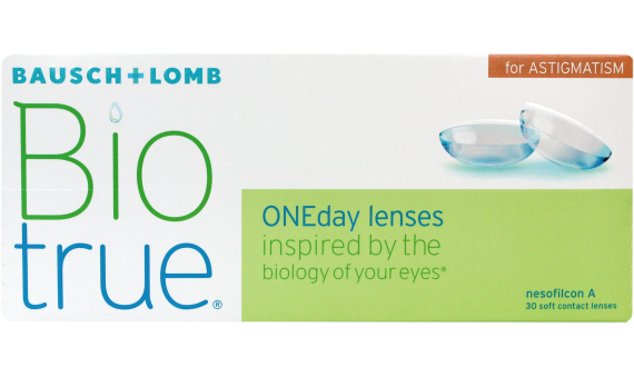 A close-up of a box designed for Biotrue ONEday for Astigmatism lenses by Bausch & Lomb, ensuring optimal UVA/UVB protection.