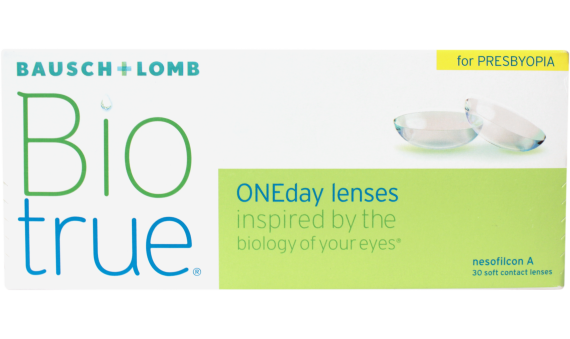 A close-up of a Bausch & Lomb Biotrue ONEday for Presbyopia contact lens reveals its advanced 3-way progressive design, perfect for daily disposable use.