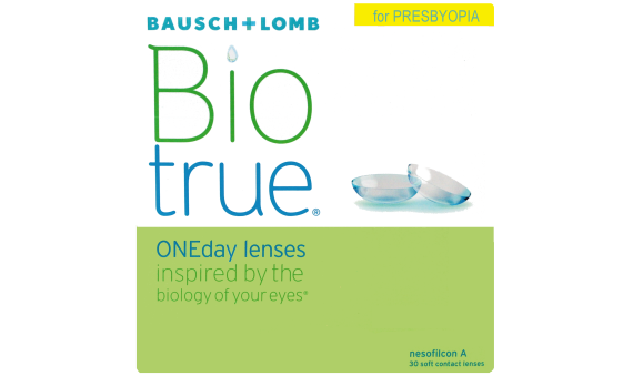A box with Biotrue ONEday for Presbyopia daily disposable lenses by Bausch & Lomb.