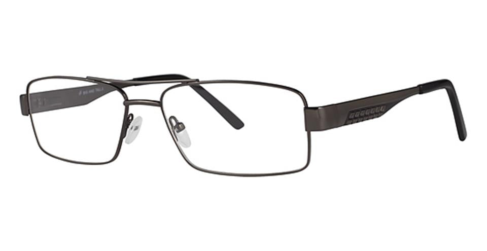 A pair of rectangular, full-rimmed eyeglasses with a sleek, dark metallic frame. The durable metal frame has adjustable nose pads and black temple tips. Featuring spring hinges for added flexibility, the temples boast a textured design near the hinges for a modern touch. These are the Big And Tall 2 by Vivid.