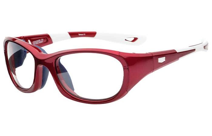 A pair of red RecSpecs - Challenger XL safety glasses with white details on the inside of the arms. The RecSpecs glasses feature a sleek, wraparound design and clear lenses, providing excellent vision protection.