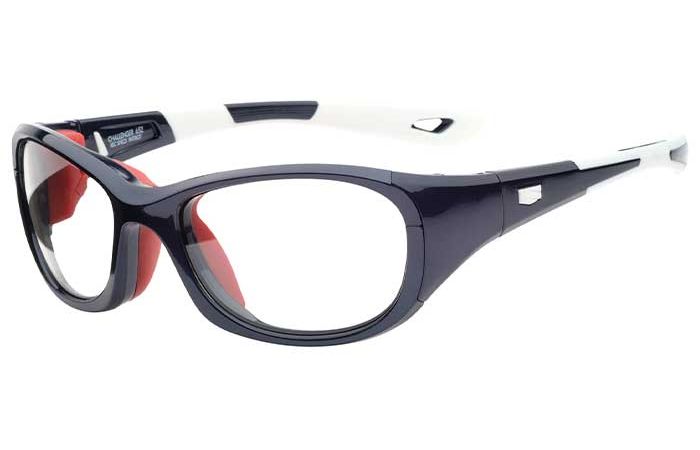 A pair of black and white sports glasses with red padding around the nose area. The robust frame, featuring impact-rated lens retention, is designed for high-impact activities, offering both protection and style. Introducing the RecSpecs - Challenger XL by RecSpecs.