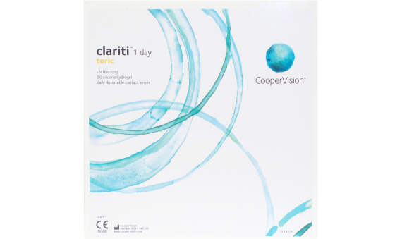 The image shows the packaging for Coopervision Clariti 1 Day Toric contact lenses designed for astigmatism. The box features a white background with blue and green circular designs, text indicating UV blocking, 90 silicone hydrogel daily disposable contact lenses, and the CE mark.