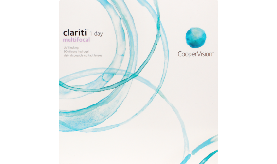 A close-up of the Coopervision Clariti 1 Day Multifocal cover reveals the advanced design catering to those with presbyopia, featuring a premium silicone hydrogel material.