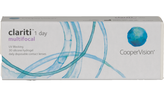 A box of Clariti 1 Day Multifocal contact lenses from Coopervision, perfect for those with presbyopia, made from advanced silicone hydrogel for ultimate comfort.