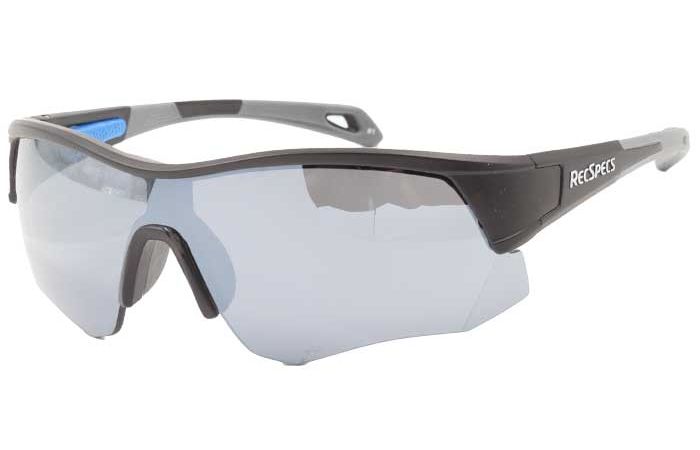 A pair of gray sports sunglasses with a sleek black frame and semi-transparent, shatterproof lenses. The brand name "RecSpecs" is displayed on one of the arms. The RecSpecs Contact design ensures that these sunglasses are not only modern and aerodynamic but also meet high impact standards suitable for athletic activities.