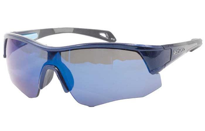 A pair of blue RecSpecs - Contact sports sunglasses with wraparound, shatterproof lenses and a grey frame. The brand name "RecSpecs" is visible on the side of the arm. The design features a sleek and aerodynamic look, ideal for outdoor activities that require high impact standards.