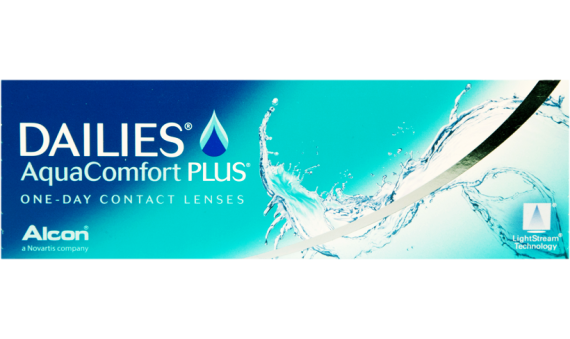 A close-up of the Alcon DAILIES AquaComfort Plus logo.