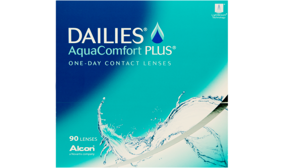 A blue and turquoise box of DAILIES AquaComfort Plus daily disposables contact lenses. The packaging displays a water splash graphic alongside the text, indicating 90 lenses by Alcon, with Lightstream Technology.