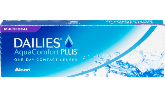 A blue and white box with Alcon DAILIES AquaComfort Plus Multifocal contact lenses promises all-day wear with clear text.