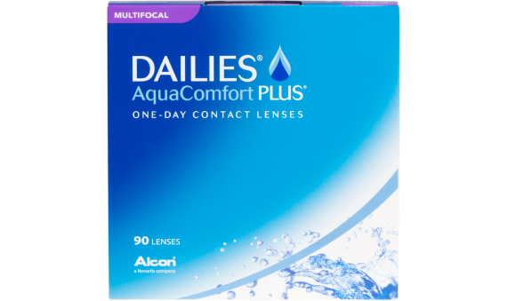 A blue box of DAILIES AquaComfort Plus Multifocal contact lenses by Alcon. The box is labeled "MULTIFOCAL" at the top left and "90 LENSES" inside a white circle at the bottom left. The package has water splash graphics, perfect for all-day wear, and is made by Alcon, a Novartis company.