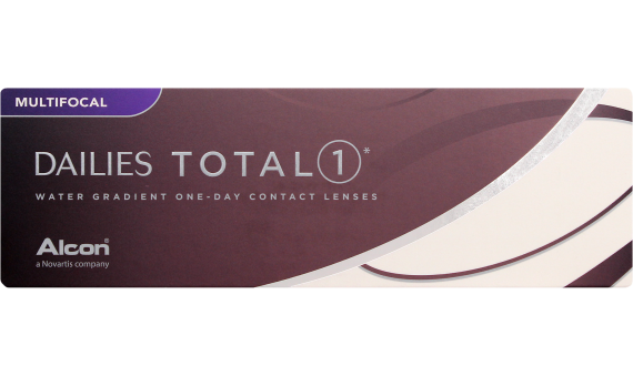 A purple and white rectangular object with silver text, labeled Dailies Total 1 Multifocal by Alcon, designed for presbyopia.