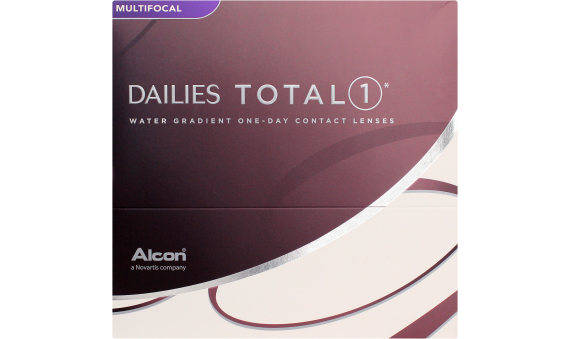 A box of Dailies Total 1 Multifocal contact lenses. The box is predominantly dark red with white and silver curved lines. The text indicates that these water gradient one-day contact lenses, made by Alcon, a Novartis company, are designed for individuals with presbyopia.