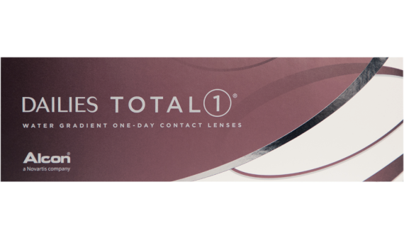 A box of Dailies Total 1 by Alcon is displayed. The box is maroon and white with silver accents and text.