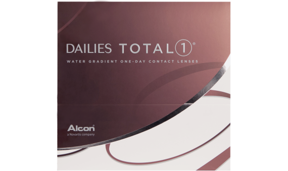 A close-up of a box featuring Dailies Total 1 contact lenses from Alcon, designed for daily use.