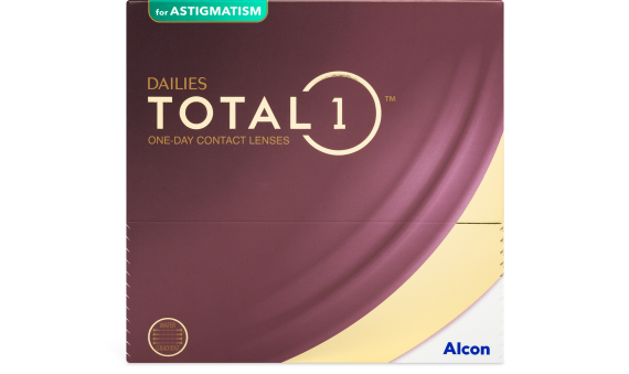 Experience all-day comfort with a box of contact lenses featuring DAILIES Total 1 for Astigmatism by Alcon. Designed with innovative Water Gradient SmarTears technology, these lenses ensure your eyes stay hydrated and comfortable from morning till night.