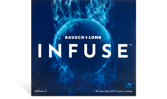 A blue and white advertisement featuring Infuse 90pk daily disposable lenses made from advanced silicone hydrogel by Bausch & Lomb.