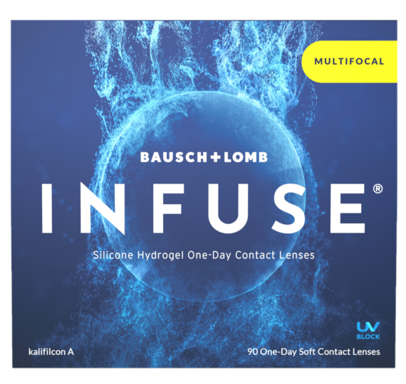 A blue and yellow cover with a circle and water in the background, highlighting Infuse Multifocal 90pk by Bausch & Lomb.